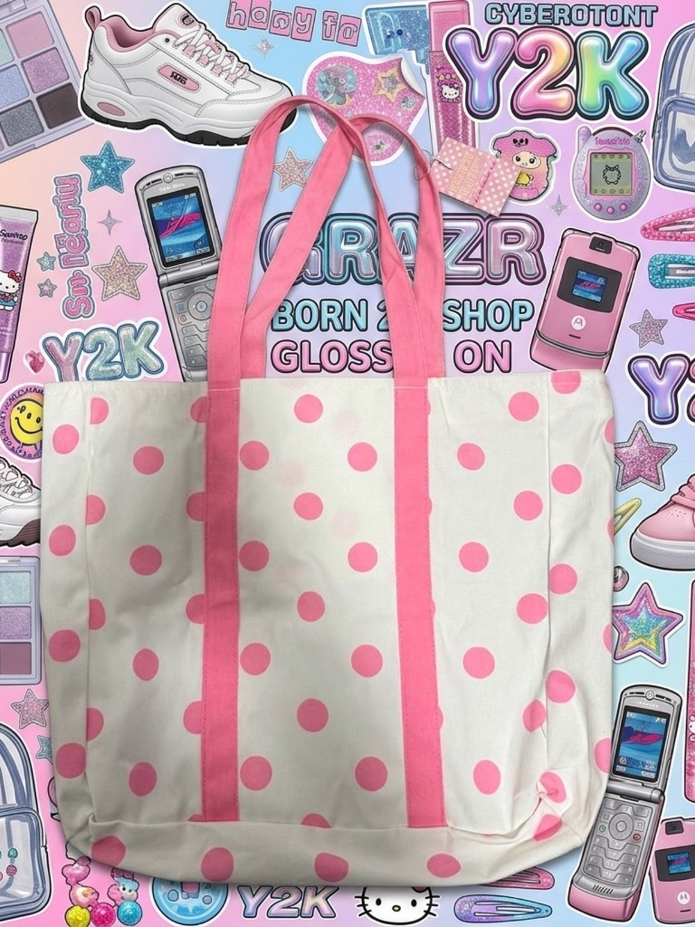 Y2K Pink and White Polka Dot Shoulder Bag